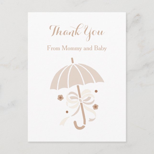 Cute Tan Umbrella and Bow Baby Shower Thank You Postcard (Front)