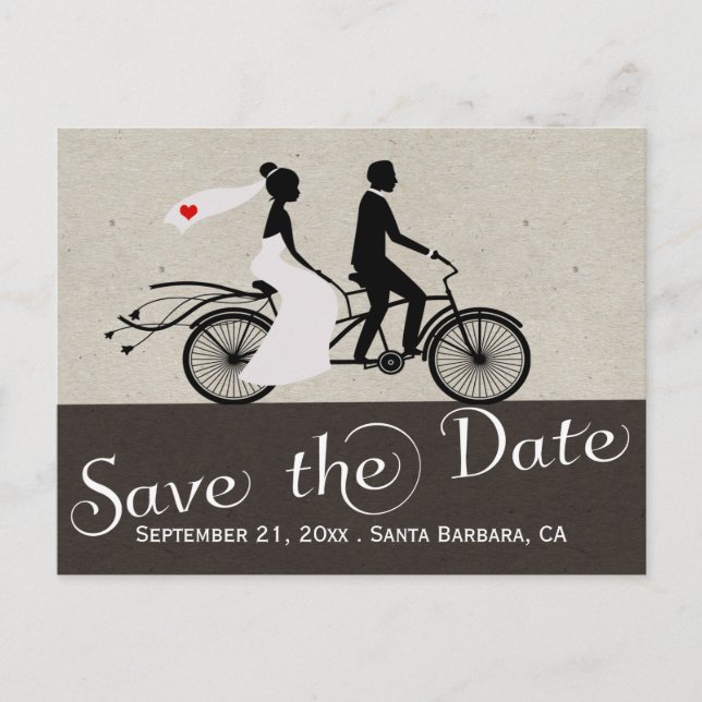 Cute Tandem Bike Bride And Groom Wedding Announcement Postcard (Front)