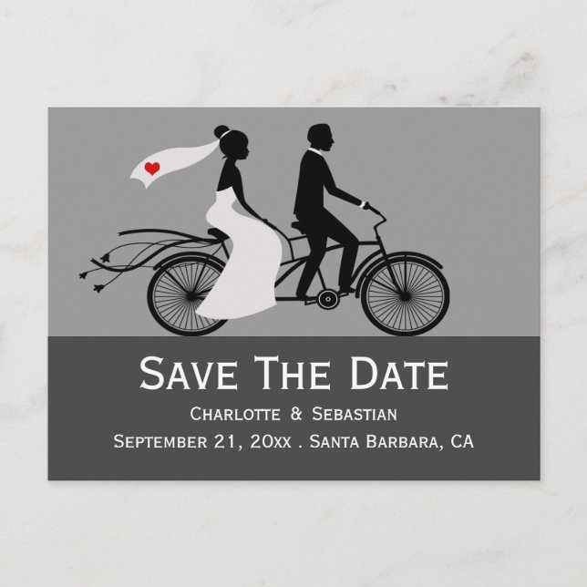 Cute Tandem Bike Bride And Groom Wedding Announcement Postcard (Front)