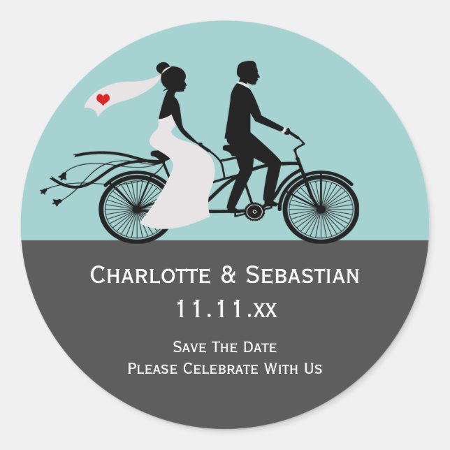 Cute Tandem Bike Bride And Groom Wedding Classic Round Sticker (Front)