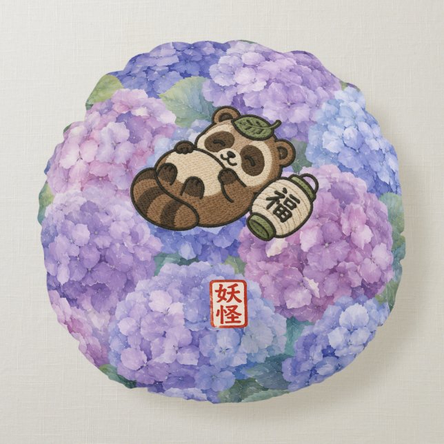 Cute Tanuki Round Pillow | Japanese Yokai Hydrange (Front)