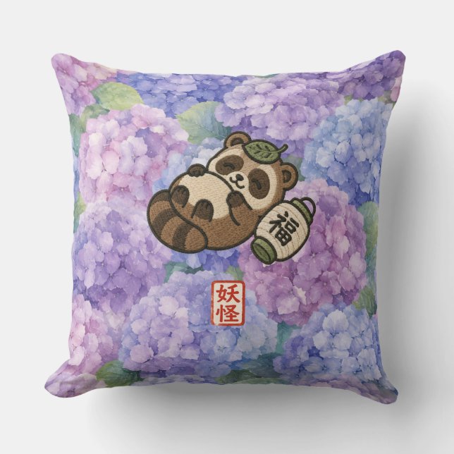 Cute Tanuki Throw Pillow | Japanese Folklore Hydra (Front)