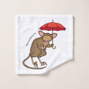 Cute Tarsier with umbrella cartoon illustration Bath Towel Set
