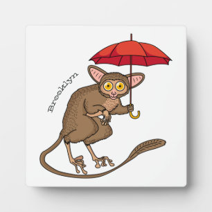 Cute Tarsier with umbrella cartoon illustration Plaque