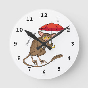 Cute Tarsier with umbrella cartoon illustration Round Clock