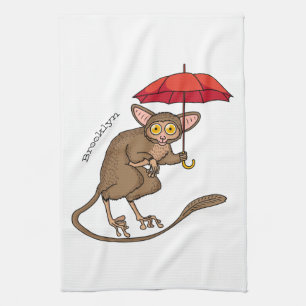 Cute Tarsier with umbrella cartoon illustration Tea Towel
