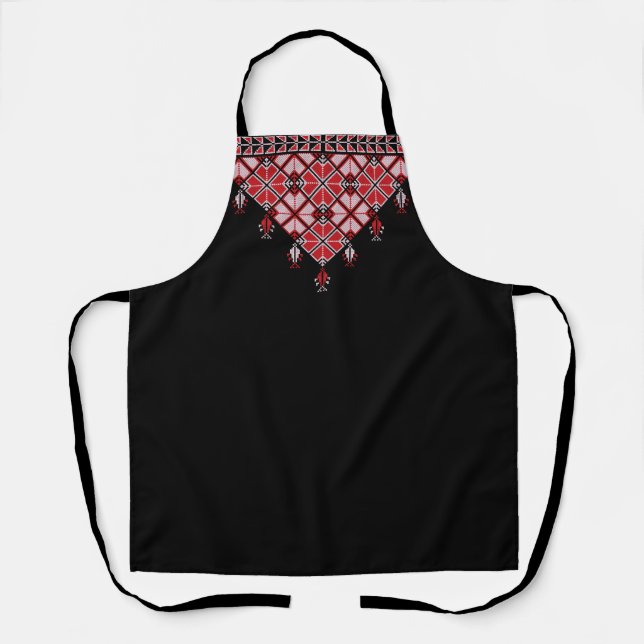 Cute Tatreez Print Black Apron Pink & Red (Front)