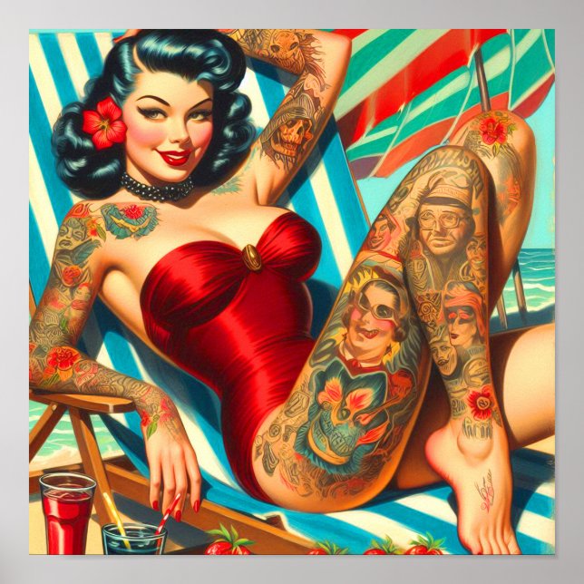 Cute Tattooed Swimsuit Pin-up Poster (Front)