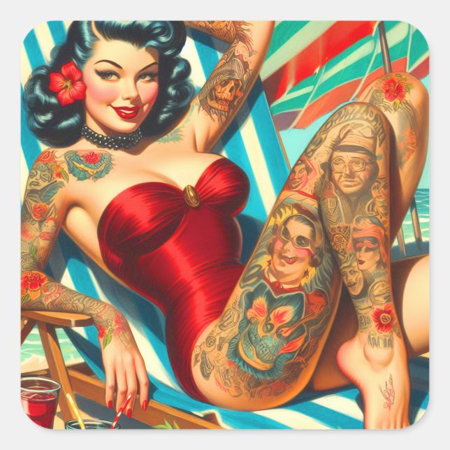 Cute Tattooed Swimsuit Pin-up Square Sticker (Front)