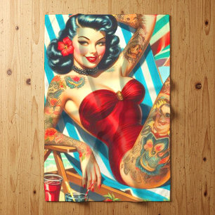 Cute Tattooed Swimsuit Pin-up Tea Towel