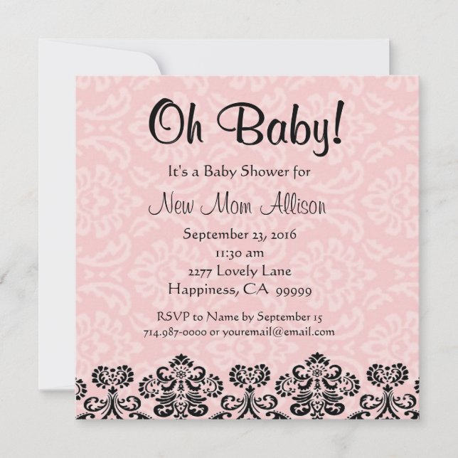 Cute Taupe Damask PINK Girl Baby Shower V03 Invitation (Front)