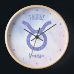 Cute Taurus Astrology Sign Personalised Purple Clock<br><div class="desc">This pretty,  personalised purple and lavender Taurus clock features your astrological sign from the Zodiac in a beautiful sparkle like the constellations. Customise this cute astrology symbol gift with your name in beautiful cursive script for someone with a late April or early May birthday.</div>