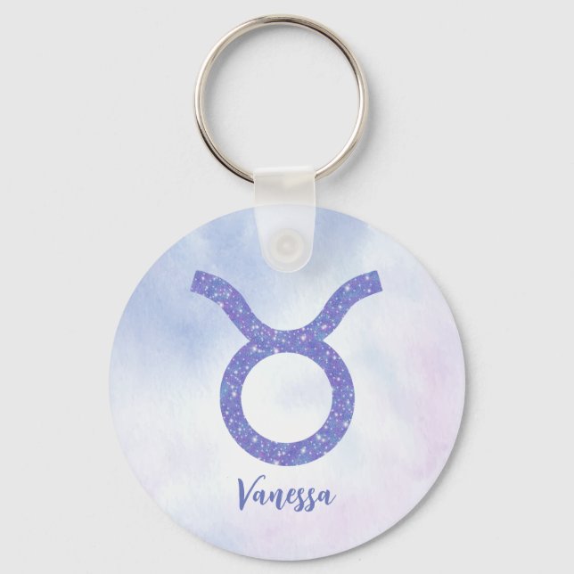 Cute Taurus Astrology Sign Personalised Purple Key Ring (Front)