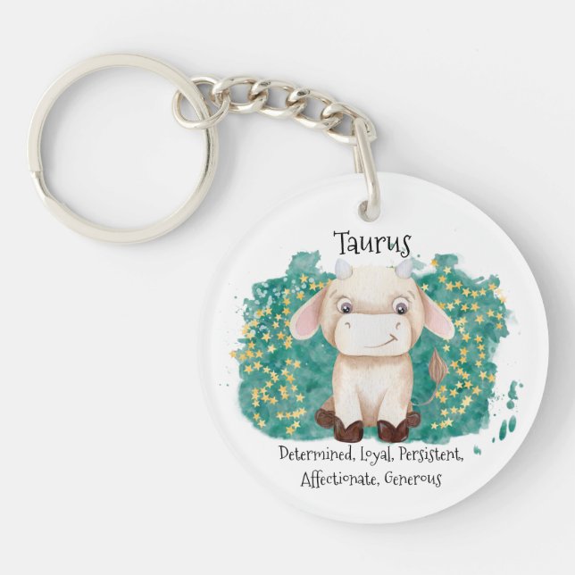 Cute Taurus Bull Watercolor Zodiac Key Ring (Front)