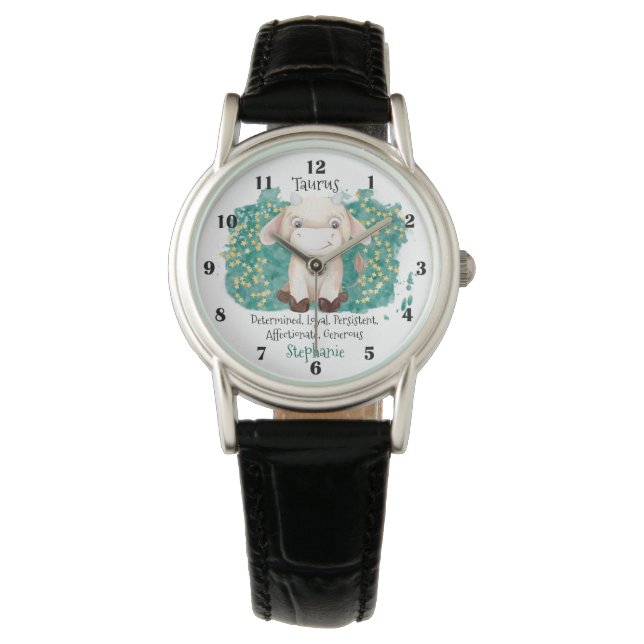 Cute Taurus Bull Watercolor Zodiac Personalised Watch (Front)