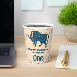 Cute Taurus First Birthday & Gold Confetti Paper Cups