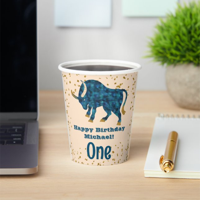 Cute Taurus First Birthday & Gold Confetti Paper Cups (Insitu)