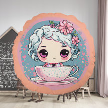 Cute Tea Cup Doll Round Pillow