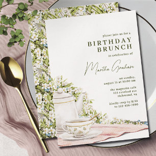 Cute Tea + Floral Garden   Elegant Birthday Brunch Invitation