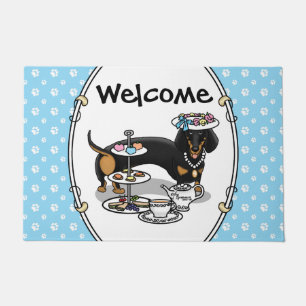 Cute Tea Party Dachshund (black & tan) Funny Dog Doormat