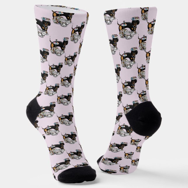 Cute Tea Party Dachshund Dog (black & tan) Funny Socks (Angled)