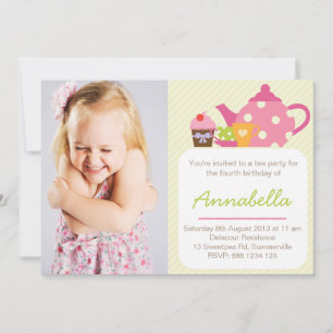 Cute Tea Party Kids Photo Birthday Invitation