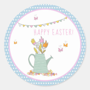 Cute Tea Pot with Flowers and Butterflies - Easter Classic Round Sticker