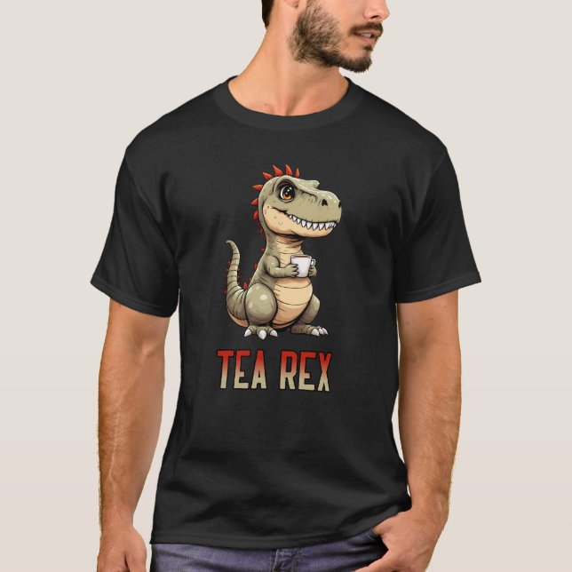 Cute Tea Rex Dinosaur Drinking Tea T-Shirt (Front)