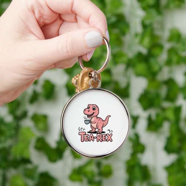 Cute Tea-Rex Pink Dinosaur – Sip Happens! Key Ring (Hand)