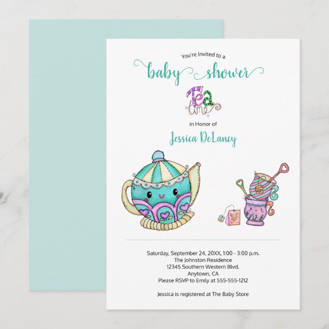 Cute Tea Time Teal Baby Shower Invitation (Front/Back)