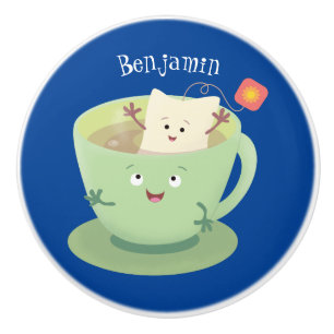 Cute teabag cup cartoon humour character ceramic knob