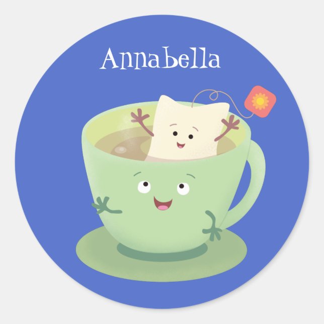 Cute teabag cup cartoon humour character classic round sticker (Front)