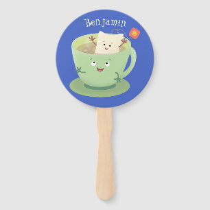 Cute teabag cup cartoon humour character hand fan