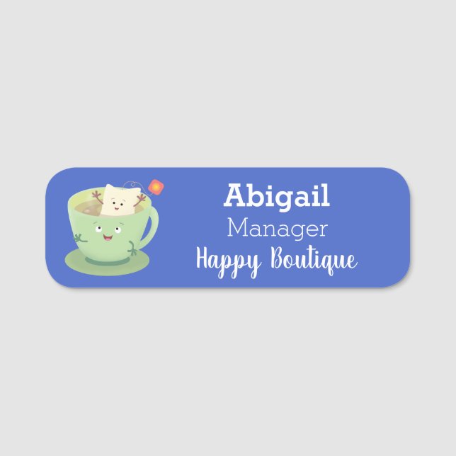 Cute teabag cup cartoon humour character  name tag (Front)