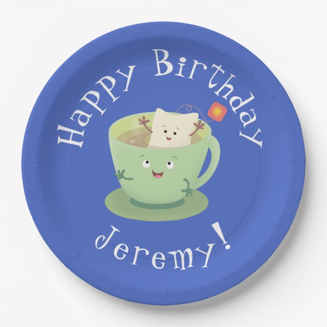 Cute teabag cup cartoon humour character paper plate (Front)