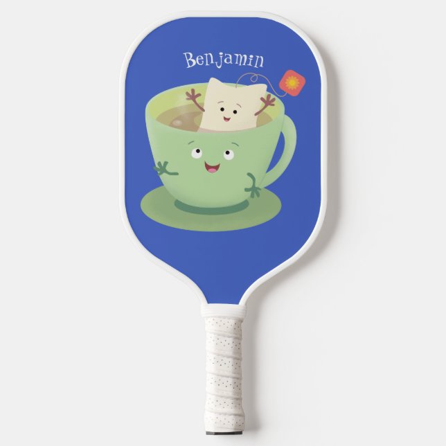 Cute teabag cup cartoon humour character  pickleball paddle (Front)