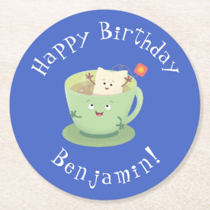 Cute teabag cup cartoon humour character round paper coaster