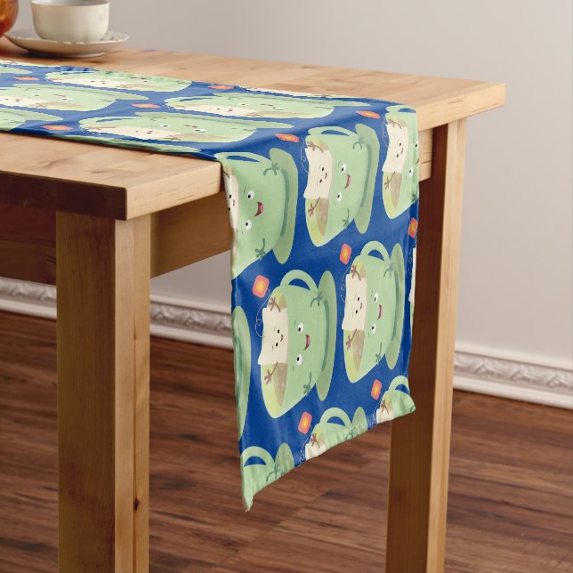 Cute teabag cup cartoon humour character short table runner (In Situ)
