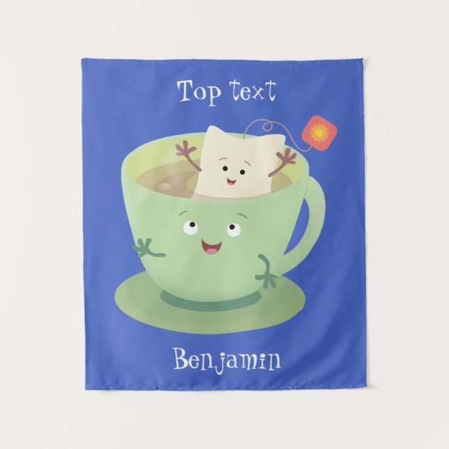Cute teabag cup cartoon humour character  tapestry (Front)