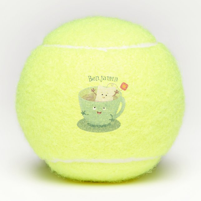 Cute teabag cup cartoon humour character tennis balls (Front)