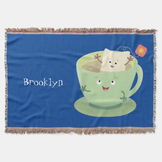 Cute teabag cup cartoon humour character throw blanket (Front)