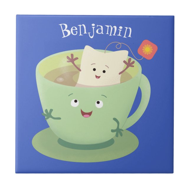 Cute teabag cup cartoon humour character tile (Front)