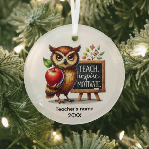 Cute Teach Inspire Motivate add name year Glass Tree Decoration
