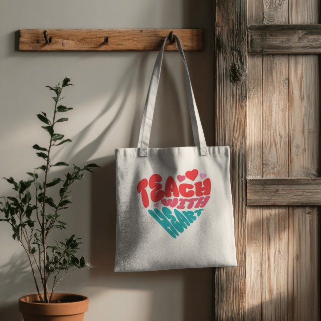Cute Teach with Heart Red Blue Typography Tote Bag (Creator Uploaded)