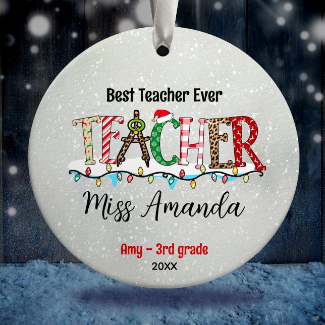 Cute Teacher Christmas green red baffalo plaid Ceramic Tree Decoration (Creator Uploaded)