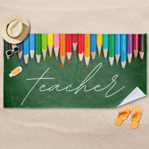 Cute Teacher Coloured Pencils Personalised Beach Towel