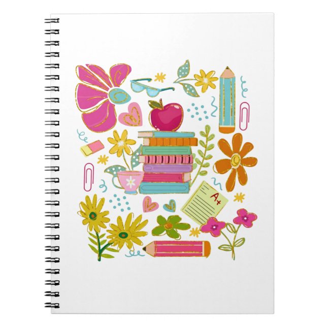 Cute Teacher Doodle Art – Books, Flowers & School Notebook (Front)