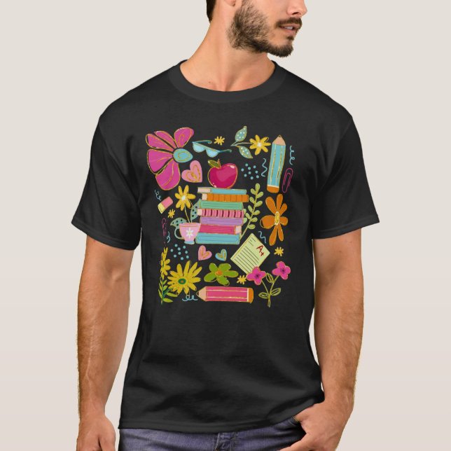 Cute Teacher Doodle Art – Books, Flowers & School T-Shirt (Front)