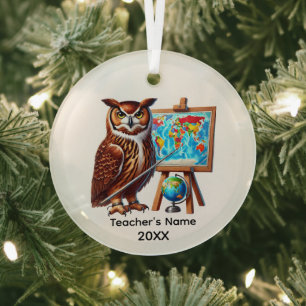 Cute Teacher owl add name year Christmas Glass Tree Decoration