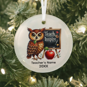 Cute Teacher owl add name year Christmas Glass Tree Decoration